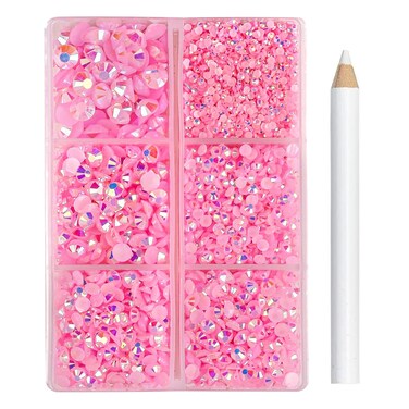4000pcs Resin AB Flatback Rhinestones for Nails Art Crafts Glitter 2/3/4/5/6mm Round Jelly Rhinestones in A Box with Pickup Pen,Shine Crystals for Face Eye Makeup and Clothes Shoes DIY(Pink)