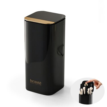 DASITON Makeup Brush Holder with Lid,4 Slots Makeup Brush Organizer,Automatic Lifting Makeup Cosmetics Organizer,for Vanity Decor,Bathroom Countertop,Dustproof Cosmetic Brushes Container(Gold-Black)