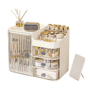 DASITON Makeup Organizer for Vanity,Large Capacity Makeup Storage Organizer with 3-Layer Drawers and Mirror,Cosmetics Display Case Make up Organizers for Vanity,Bedroom,Countertop(Clear-Cream)