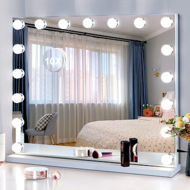 Vanity Mirror with Lights, 17 Bulbs Makeup Mirror 10X Magnifying, 25" x 21" Large Hollywood Vanity Mirror, 3 Colors Modes, Touch Control Mirror with Lights, Tabletop or Wall-Mounted, USB Charging Port