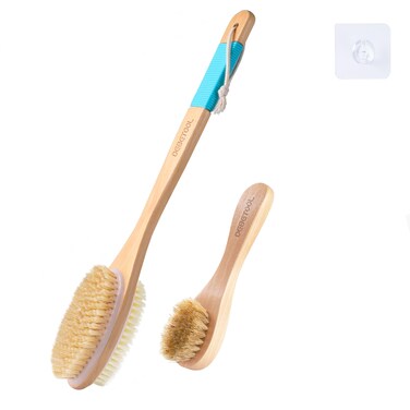 Wooden Bath Body Brush Set - Natural Boar Bristle Shower Brush with Exfoliating Face Brush, Long Handle Back Scrubber Body for Wet or Dry Brushing