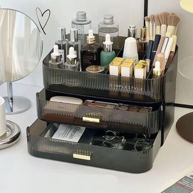 Makeup Organizer for Vanity, Large Desk Organizer with Stackable Drawers for Cosmetics, Skin Care, Lipsticks, Palette, Nail Care, Ideal Storage for Dresser and Bathroom Countertop- Black