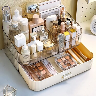 Clear Makeup Organizer with Stackable Drawer, Cosmetic Storage Display Case for Vanity, Bathroom Countertop or Dresser,Counter top Holder for Lipstick, Brushes, Lotions, Eyeshadow, Nail Polish