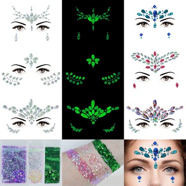 Face Gems, 6 Sheets Face Jewels Stick On, 30g Chunky Glitter, Rhinestones Noctilucent Stickers Temporary Tattoos-Eye Body Euphoria Makeup Rave Clothes Carnival Festival Outfit (3Luminous)