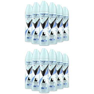 Degree UltraClear Black+White Antiperspirant Deodorant Dry Spray Anti-White Marks and Yellow Stains Pure Clean Antiperspirant for Women 3.8 Ounce (Pack of 12)