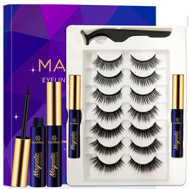 DUOERLA Magnetic Eyelashes - 7 Pairs 3D Medium Magnetic Lashes - 2 Tubes of Liner - Upgraded Natural Look, Long Lasting, Waterproof, Reusable Fake Eyelashes with Applicator - Easy to Apply