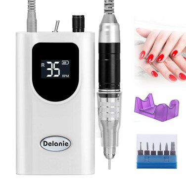 Delanie Professional Portable Electric Nail Drill Machine, 35000 RPM Rechargeable Cordless Nail Filer Electric Nail File Efle for Dip Powder Acrylic Gel Nail, Salon Nail Tool, White