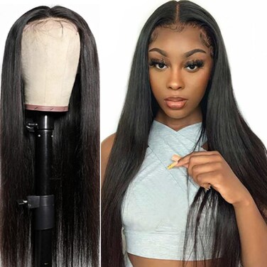 Straight Lace Front Wigs for Black Women Glueless Human Hair Wear and Go Brazilian HD Transparent 4x4 Lace Closure Wigs Pre Plucked with Baby Hair (17Inch,Natural Color)