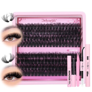 Fluffy Lash Clusters Kit 14-20 MM Cluster Eyelash Extensions D Curl Individual Lashes Wispy Lash Extension 150D+200D Eyelash Clusters Kit with Lash Bond and Seal and Lash Remover by Delyneph