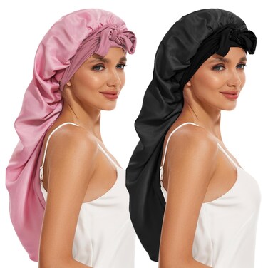 Long Bonnet for Braids &amp; Curly Hair, Silk Satin Bonnet for Sleeping, Extra Large Bonnets for Women Braid (Black Pink)