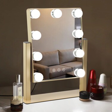Depuley Vanity Mirror with Lights Hollywood Mirror Light, 12.0"&times;13.77" Lighted Vanity Mirror with 9 Dimmer Led Bulbs, 3 Color Modes, Touch Control, Detachable 10x Magnification, 360&deg; Rotation, Gold