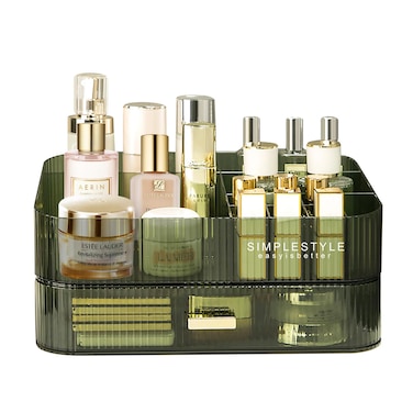Makeup Organizer with Stackable Drawer, Large Capacity Vanity Organizer for Dresser Bathroom Countertop, Cosmetics Organizer and Display Case for Skincare, Perfume, Makeup Brushes, Lipsticks, Green
