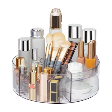 360&deg; Rotating Makeup Organizer, 10" Clear Turntable Lazy Susan Organizer for Vanity, Bathroom Counter, Cabinet, Spinning Cosmetic Storage Holder with 6 Dividers for Skincare, Makeup Brushes, Lipsticks