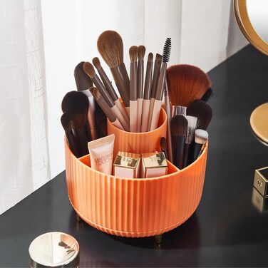 360 Rotating Makeup Brush Organizer With 5 Sections, Spining Countertop Swivel Makeup Brush Holder for Cosmetics, Nail Polish, Art Supply, Bathroom Vanity Desktop Organizer - Orange