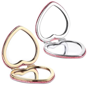 2 Pcs Compact Folding Mirror Heart Shaped Portable Travel Magnifying Makeup Mirror for Purse Mini Vanity Cosmetic Mirror Double-Sided Cute Glitter Mirror for Women Girls Valentine's Day