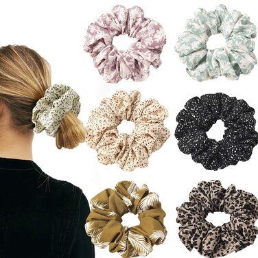 6 Pack Oversized Hair Scrunchies, 6.3 inch /16cm Large Hair Scrunchies Huge Scrunchies Big Bobble Scrunchy Leopard Hair Bands Ties for for Medium Thick Hair, Donut Hair Ties Spotty Floral Leaves Hair