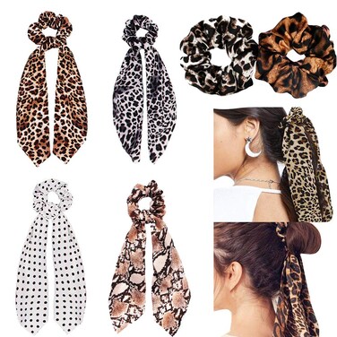 Chiffon Ponytail Hair Scarf Scrunchies - 6 Packs Leopard Print Big &amp; Long Scrunchie Hair Scarf, Leopard Ripple Bun Hair Ties Bobbles, Scarves for Women Girls Bow Ponytail Holder (Leopard Headband - D)