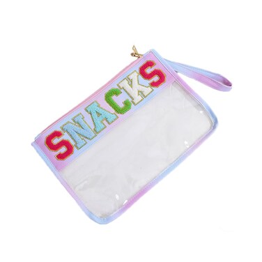 Women Chenille Letter makeup Bags PVC Transparent Cosmetic Case Waterproof Beach Sunscreen Bag Portable Travel Snack Zipper Pouches (SNACKS)