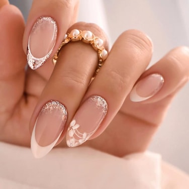 Almond Press on Nails 24pcs White French Tip Fake Nails Full Cover Gold Glitter Edge Fashion Acrylic Nails Minimalist Glossy Nude with White Flower Line Designs False Nails for Women Girls