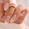 Almond Press on Nails 24pcs White French Tip Fake Nails Full Cover Gold Glitter Edge Fashion Acrylic Nails Minimalist Glossy Nude with White Flower Line Designs False Nails for Women Girls