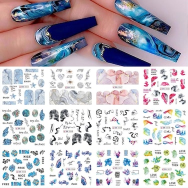 12pcs Big Nail Stickers - Diowino Water Transfer Nail Art Stickers Marble Pattern Halo Dyed Series Nail Decals Elegant Gradient Colorful Pattern Nail Accessories for Acrylic Nails Women Girls