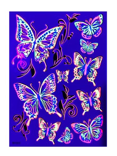 Temporary Tattoos &ndash; 1 Sheet Butterfly Design Body Paint Art Blacklight Reactive Light Festival Accessories Glow in the Dark Party Supplies   7.2&rdquo; x 5.2&rdquo; Temp Great for EDM EDC Party Rave Parties