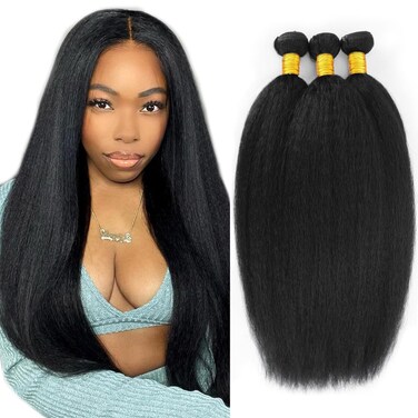 Kinky Straight Bundles Human Hair 18 20 22 Inch Yaki Straight Bundles Kinkystraight Human Hair Bundles 12A Brazilian Virgin Human Hair Bundles For Black Women Black Remy Hair Extension 3 Bundles