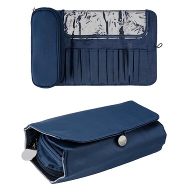 Portable Folding Makeup Brush Bag with Silicone Foldable Brush Cleaning Bowl, Multifunctional Cosmetics Rolling Storage Case Makeup Brush Holder, Makeup Brush Organizer Bag for Travel (Blue)