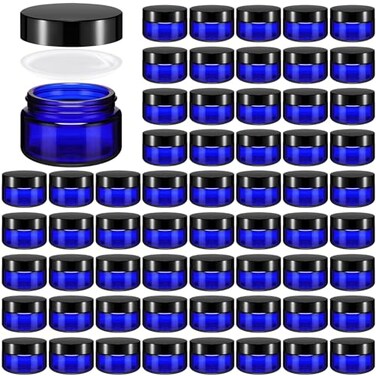 Domensi 60 Pcs 1oz Glass Jars with Lids Bulk Salve Tins Small Glass Candle Cosmetic Jars for Travel with Inner Liners Containers for Lotions Sample Cream(Cobalt Blue, Black Lid)