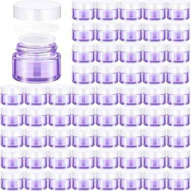 Domensi 60 Pcs 1oz Glass Jars with Lids Bulk Salve Tins Small Glass Candle Cosmetic Jars for Travel with Inner Liners Containers for Lotions Sample Cream(Light Purple, White Lids)