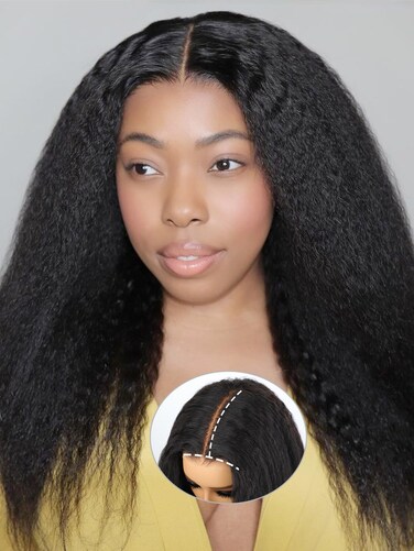 Domiso Max Part 10x7 M-Cap Kinky Straight Glueless Wigs Human Hair Pre Plucked Pre Cut Wear and Go Glueless Wig HD Lace Front Wigs Human Hair 200% Density Pre Bleached Knots 18 Inch