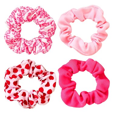 4PCS Valentine Hair Scrunchies Pink Hair Ties Elastic with Love and Heart Pattern Elastic Hair Bands Romantic Hair Accessories Soft Ponytail Holders Party Favors Valentine Hair Ties for Girls Women