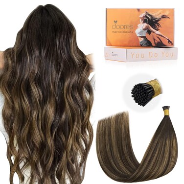 DOORES I Tips Hair Extensions, Human Hair Balayage Dark Brown to Chestnut Brown 20 Inch 50g/50s, Remy Hair Extensions, Silky Straight Hair
