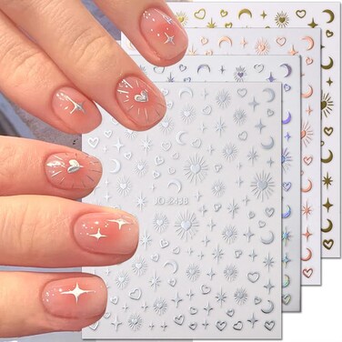 8Sheets Gold Star Heart Moon Nail Stickers,3D Silver Stars Hearts Nail Art Stickers Rose Gold Laser Silver Metallic Hollow Heart Moon Star Nail Decals for Women Nail Decor Nail Design Nail Accessories