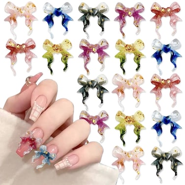 Y2K 40 PCS Bow Nail Charms, 3D Ribbon Bows, Mixed Color Gradient Gold Foil Bow Heart Nail Art Supplies