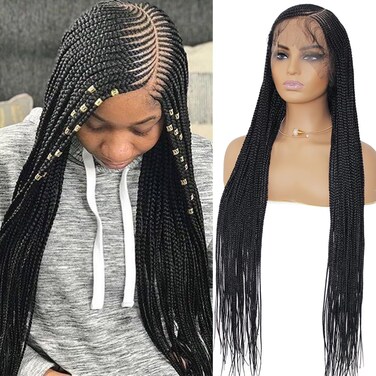 36" Braided Wigs for Black Women Full Lace Front Box Braids Wig with Baby Hair Knotless Cornrow Box Braids Wig Natural Deep Side Part Goddess Synthetic Braided Wig for Daily Use