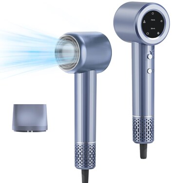 Hair Dryer - 110000 RPM High-Speed Brushless Motor Negative Ionic Blow Dryer for Fast Drying, 1600W 3Temps /2Speeds Low Noise Thermo-Control Hairdryer with Magnetic Nozzle&amp;LED Display(Silver)
