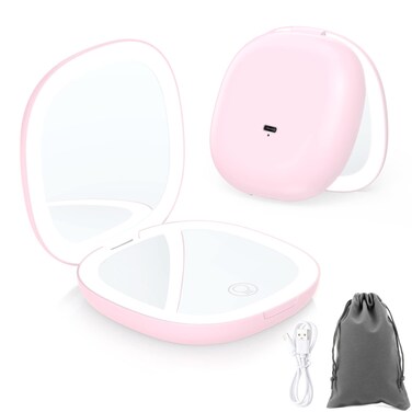 Compact Travel Makeup Mirror，1X/10X Magnifying Double Sided 3 Colours &amp; Brightness Dimmable USB Rechargeable Touch Screen Portable LED Cosmetic Mirror for Travel/Purse/Office,Pink