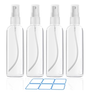 4 Pack 3.4 Oz (100ml) Small Spray Bottles, TSA Approved Travel Bottles for Toiletries with Labels - Fine Mist, Refillable, Reusable, Leak Proof