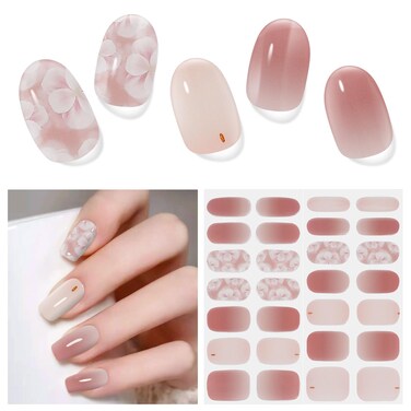 28pcs Semi Cured Gel Nail Strips, Gel Nail Stickers Kit Work with Any UV Nail Lamps, Long Lasting Gel Nail Wraps for Girl Women, Includes Prep Pads, Nail File &amp; Wood Stick(Pink Flower)