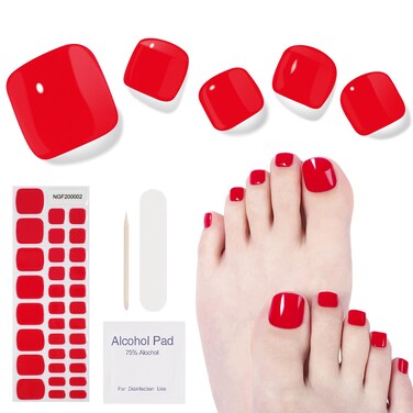 Semi Cured Gel Pedicure Strips, 32 Solid Color Gel Toenail Stickers Full Nail Wraps for Women Girls Kids, Includes Prep Pads, Nail File &amp; Wood Stick (Scarlet Fiery)