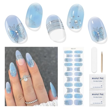 Gel Nail Stickers No UV Light Needed, 22Pcs Gel Nail Strips Set, Gel Nail Wraps for Women, Salon Quality Nail Polish Strips, Includes Prep Pads, Nail File &amp; Wood Stick(Blue Butterfly)