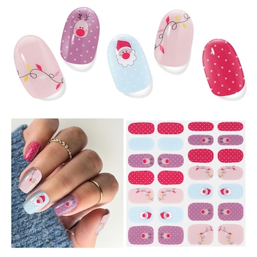 Semi Cured Gel Nail Strips,28 pcs Christmas Nail Stickers Full Nail Wraps,Long Lasting Gel Nail Strips with Any UV Light,Santa Sticker for Nails Easy to Apply