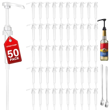 50 Pcs White Coffee Syrup Pump Dispenser, Compatible with 25.4 Oz/750ml Bottles, Great for Home &amp; Coffee Bar Drinking Mixes, Tea, Beverage, Cocktails, Plus Spoons