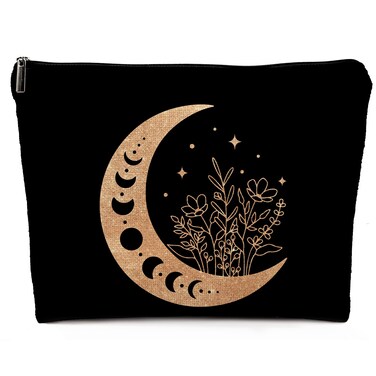 Boho Floral Celestial Crescent Moon Phase Makeup Bag, Mystical Crescent Moon Linen Makeup Travel Toiletry Bag, Abstract Floral Moon Cosmetic Bag Gifts For Girls Women Daughter Sister