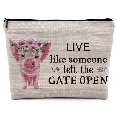 Live Like Someone Left the Gate Open Cosmetic Bag, Cute Rustic Farm Floral Pig Makeup Bag Zipper Cosmetic Pouch Bag Travel Linen Makeup Organizer, Pig Gifts for Pig Lovers Women Teen Girls