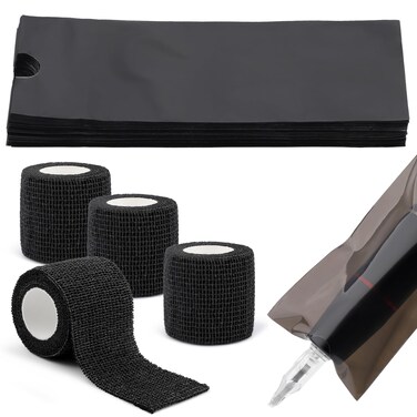Pack of 200 Tattoo Accessories,4Pcs Tattoo Grip Tape and Pen Machine Bags 7.09 x 2.56 in, Tape 196.9 x 1.96 in Tattooing Grip Supplies Kit,Black Tattooing Pens Wrap