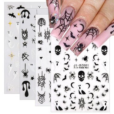 4 Sheets Rhinestones Halloween Stickers 3D Self Adhesive Spider Ghost Nail Art Stickers Glitter Luxury Charms Nail Decals Spooky for Women Halloween DIY Manicure Salon