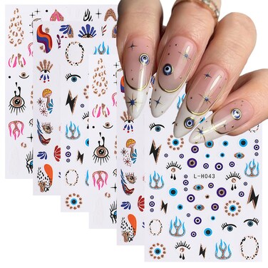 6 Sheets Goth Nail Art Stickers 3D Self Adhesive Star Flame Nail Stickers Glitter Blue Eye Nail Design Stickers French Nail Art Stickers Holographic Nail Decals for Women DIY Manicure Design