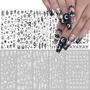 10 Sheets Black White Nail Art Stickers Snake Nail Decals Star Moon Star Rose Leaf Flame Nail Art Supplies Butterfly Acrylic Nail Supplies 3D Goth Snake Nail Design Stickers DIY Nail Decor